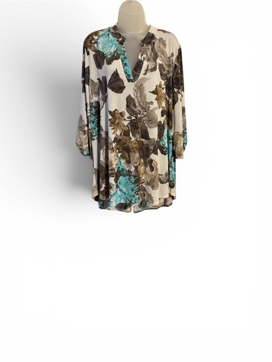 Honeyme Tops - Floral V-Neck 3/4 Sleeves Top in Teal, Brown & Cream CURVY/PLUS #11